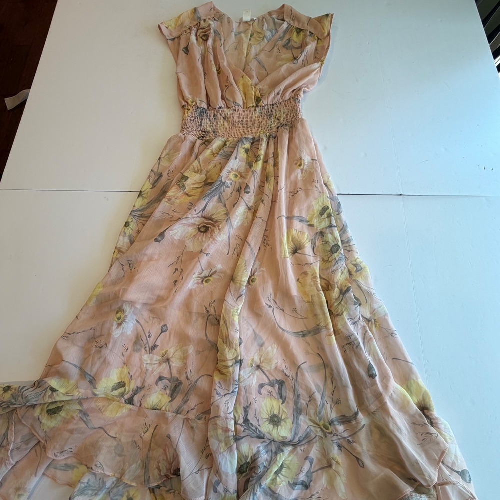 H&M Peach Floral Chiffon Maxi Dress Smocked Waist High Low Hem Pink Yellow US 2 - Picture 4 of 8